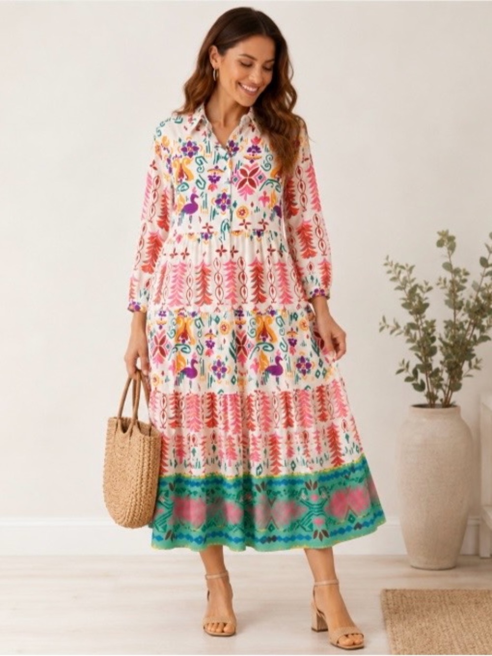Sunday Up Dress Medium White Maxi Abstract Floral Button Front Tiered Colorful